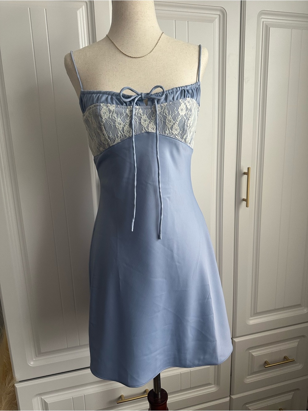 Urban Outfitters Light Blue Lace-Trim Slip Mini Dress